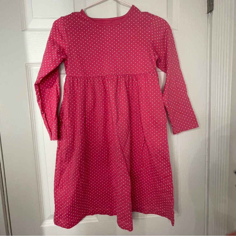 Lands’ End Girls Pink Polka Dot Long Sleeve Knit Dress Size 7 Cotton Pockets